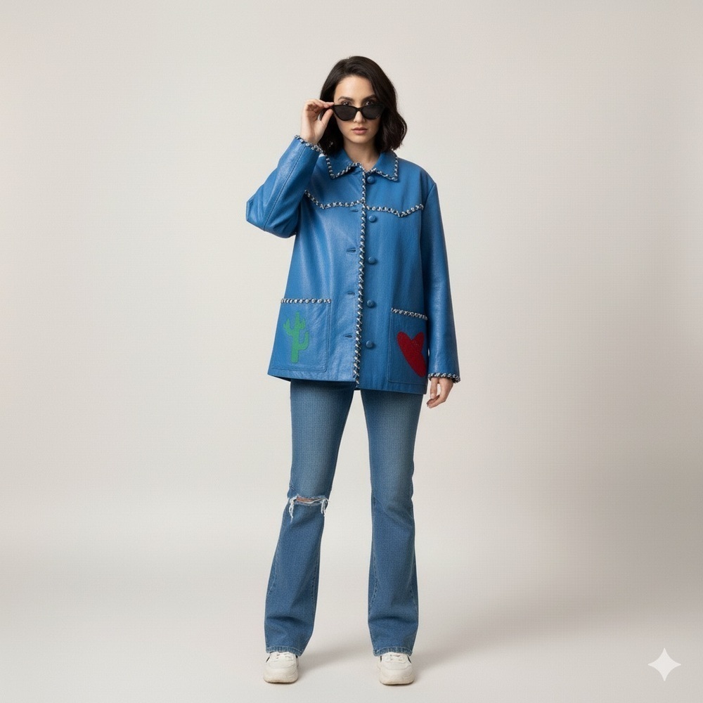 Vintage 80s Hannah Pang Blue Patchwork Leather Southwestern Jacket - M/L - Picture 2 of 14
